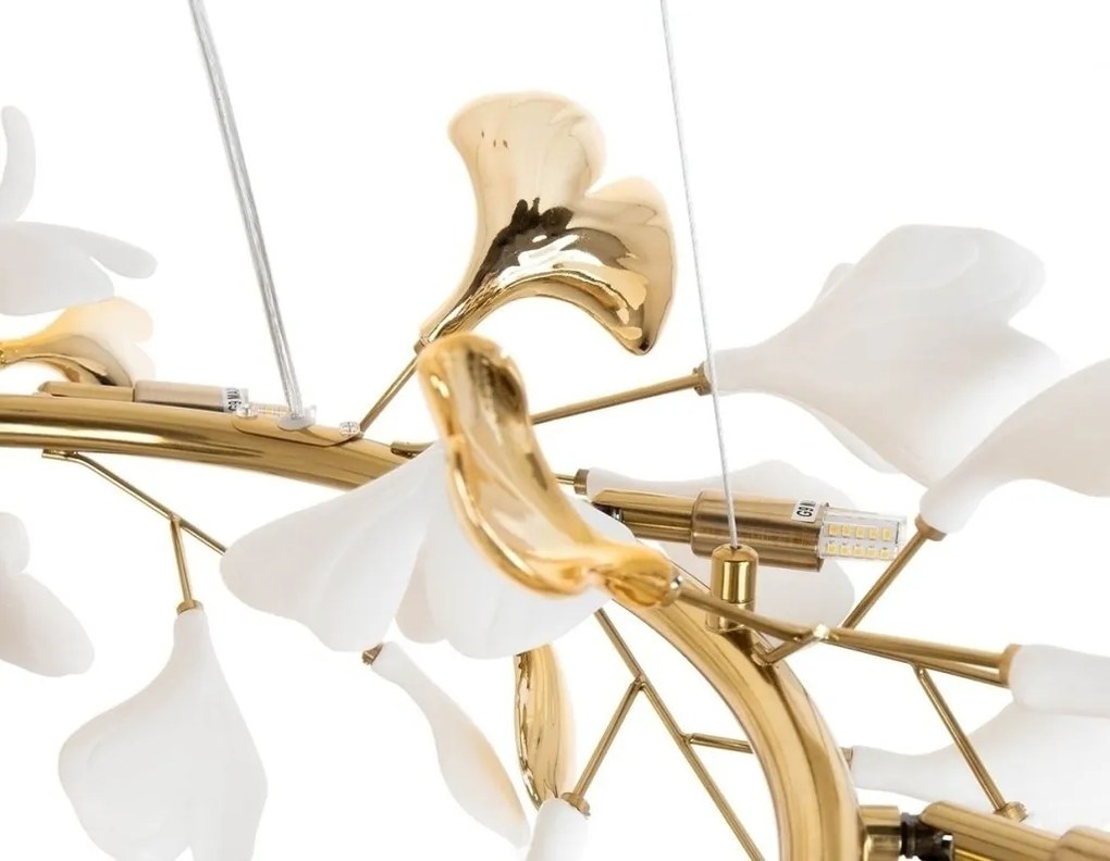 Lustra Suspendata, Metal Auriu, Petale Flori Albe Ceramice, FLORA 100