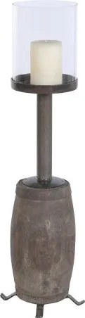 Sfeșnic de podea din lemn reciclat și metal, 26 x 26 x 100 cm, butuc de roată de car, glob din sticlă, „Candle Holder Wheel Hub"