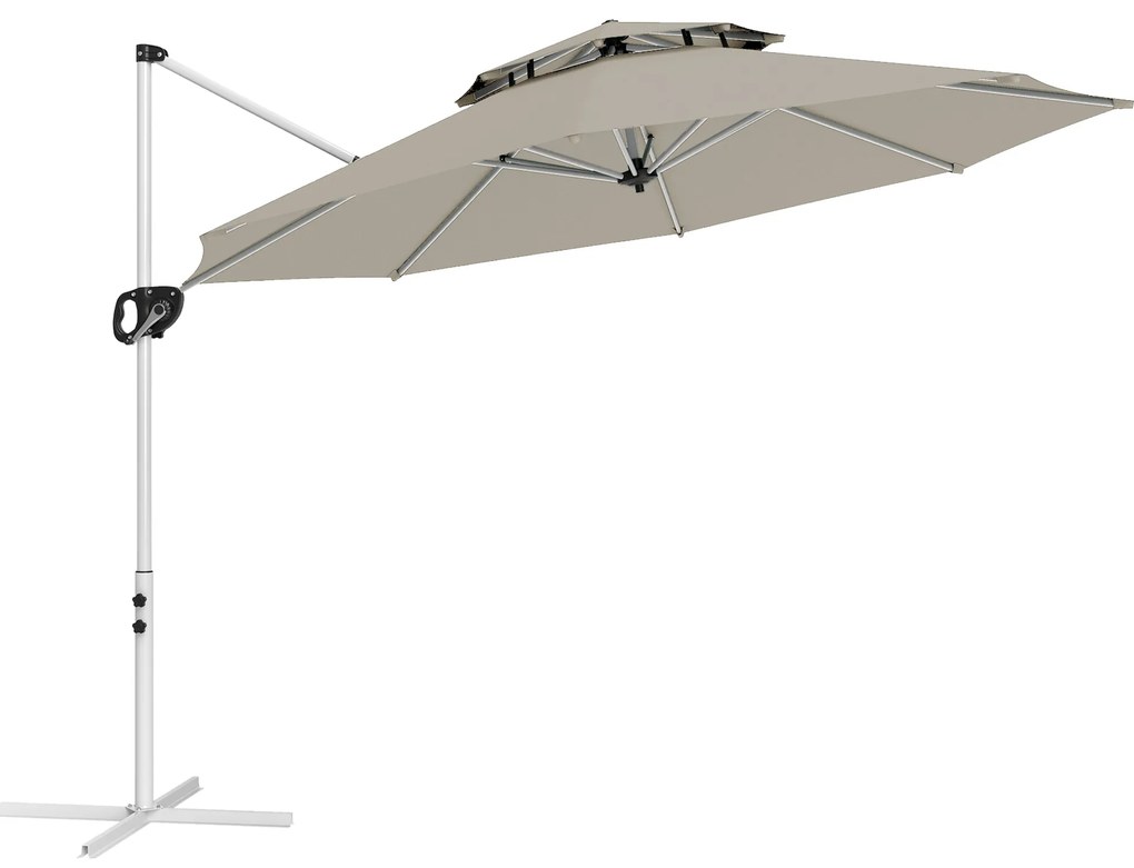 Outsunny Umbrelă suspendată 3 x 2,5 m cu manivelă, bază în formă de cruce, inclinabilă și rotativă la 360°, dublu acoperiș, gri | Aosom Romania