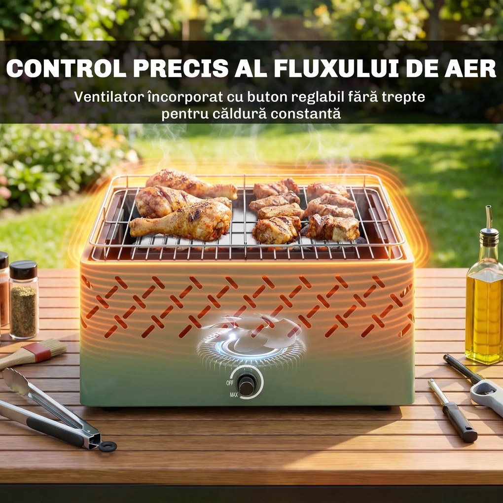 Outsunny Grătar Portabil pe Cărbune cu Ventilator Integrat pentru Exterior, Verde Deschis | Aosom Romania
