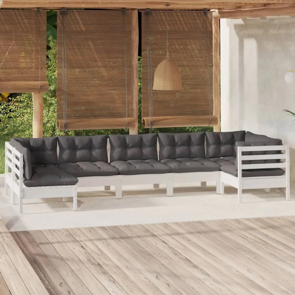 vidaXL Set mobilier de grădină cu perne, 7 piese, alb, lemn de pin