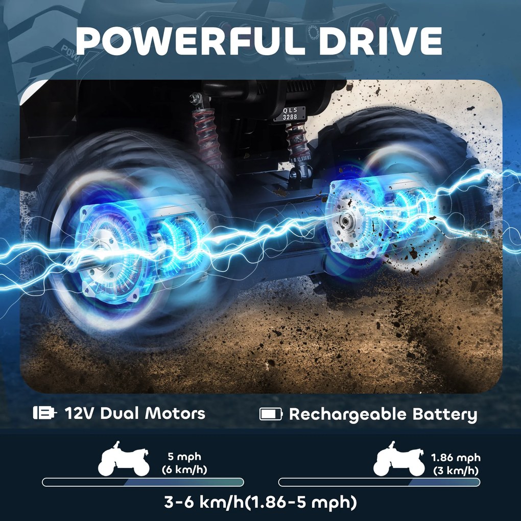 HOMCOM Quad Electric pentru Copii 3-5 Ani 12V, 3-8km/h Mini Quad pentru Copii cu 2 Motoare, Muzică, MP3, Conector USB, Card TF, Faruri și Pedală, Alb | Aosom Romania