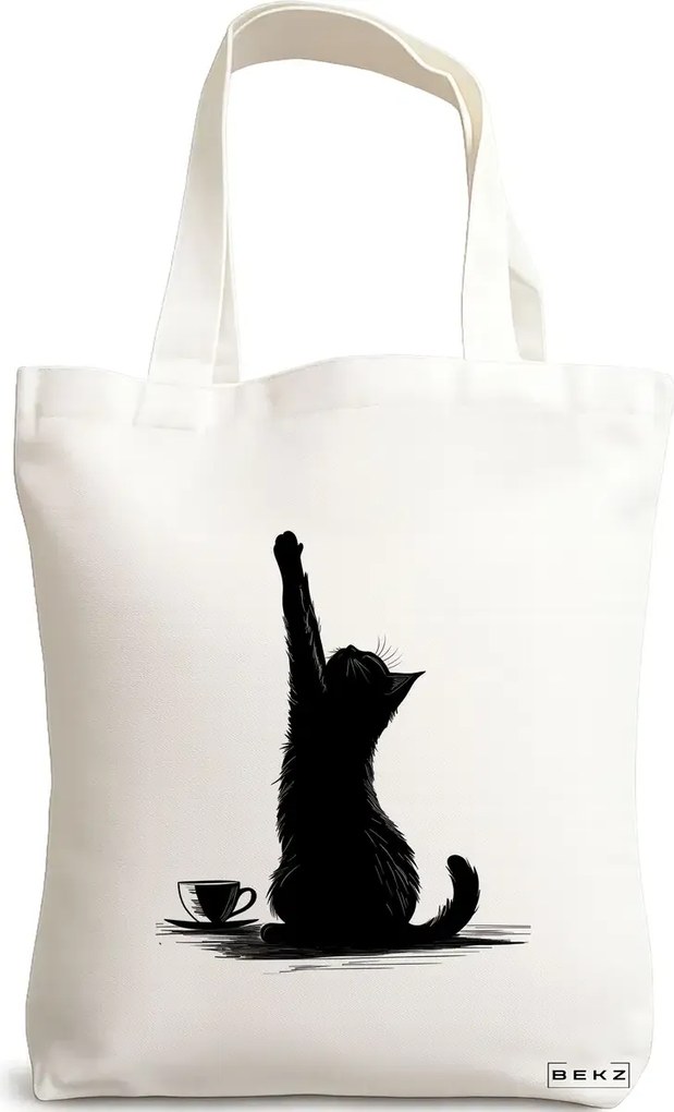 Sacosa de Panza pentru Cumparaturi, Geanta Tote, model Caffeine Cat 6 38 x 34.5 cm, Alba, BEKZ®