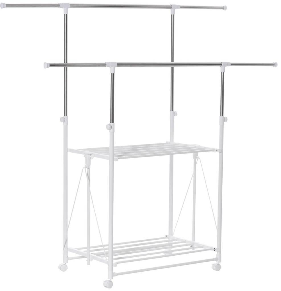 HOMCOM Suport pentru Îmbracaminte şi pentru Rufe Extensibil, 2 Paliere, Înaltime reglabila şi Roţi, 88-157x50x95-160cm, Alb