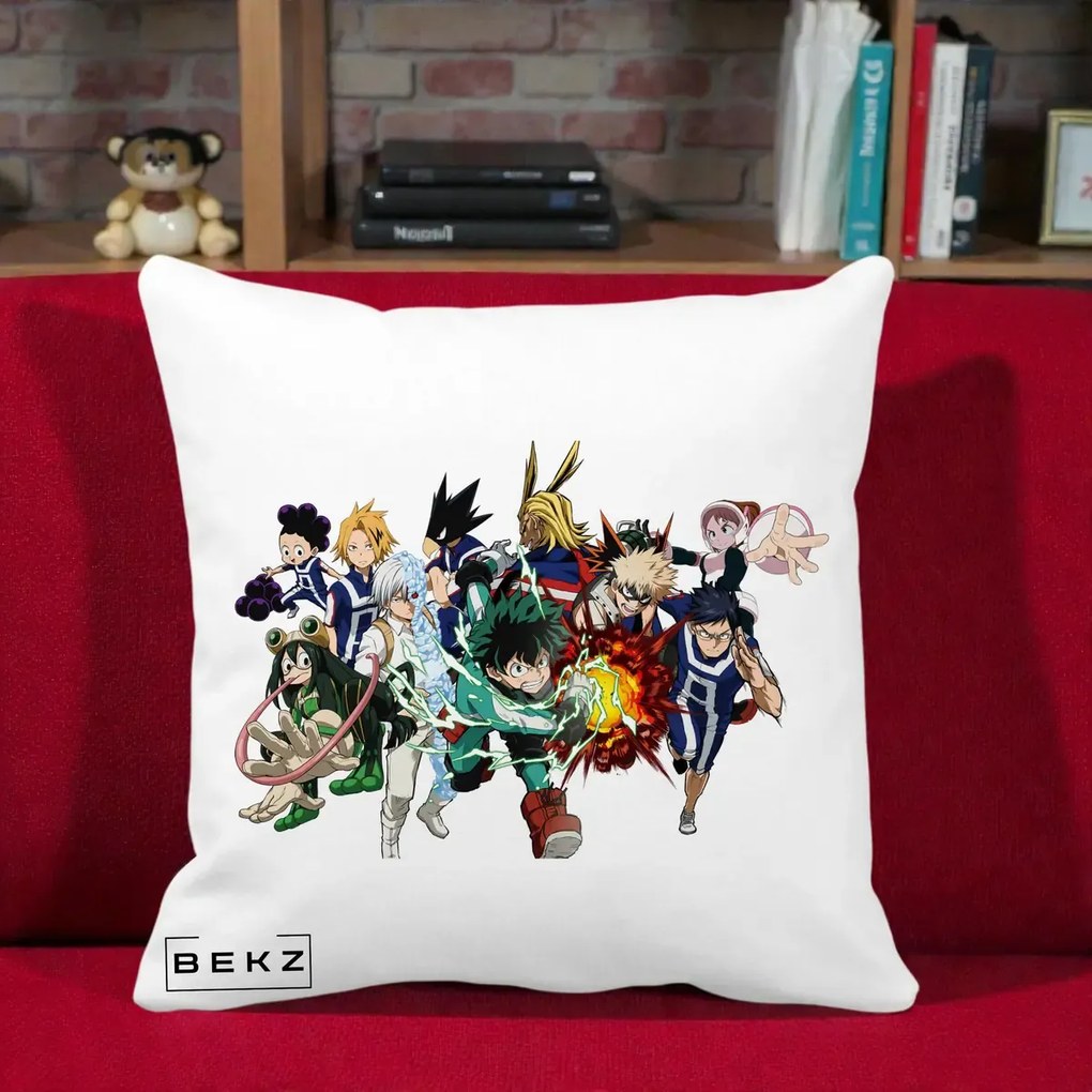 Perna Personalizata My Hero Academia Clasa 1-A Complet, 40x40 cm, Alba Mata, Husa Detasabila, Perna Inclusa, BEKZ®