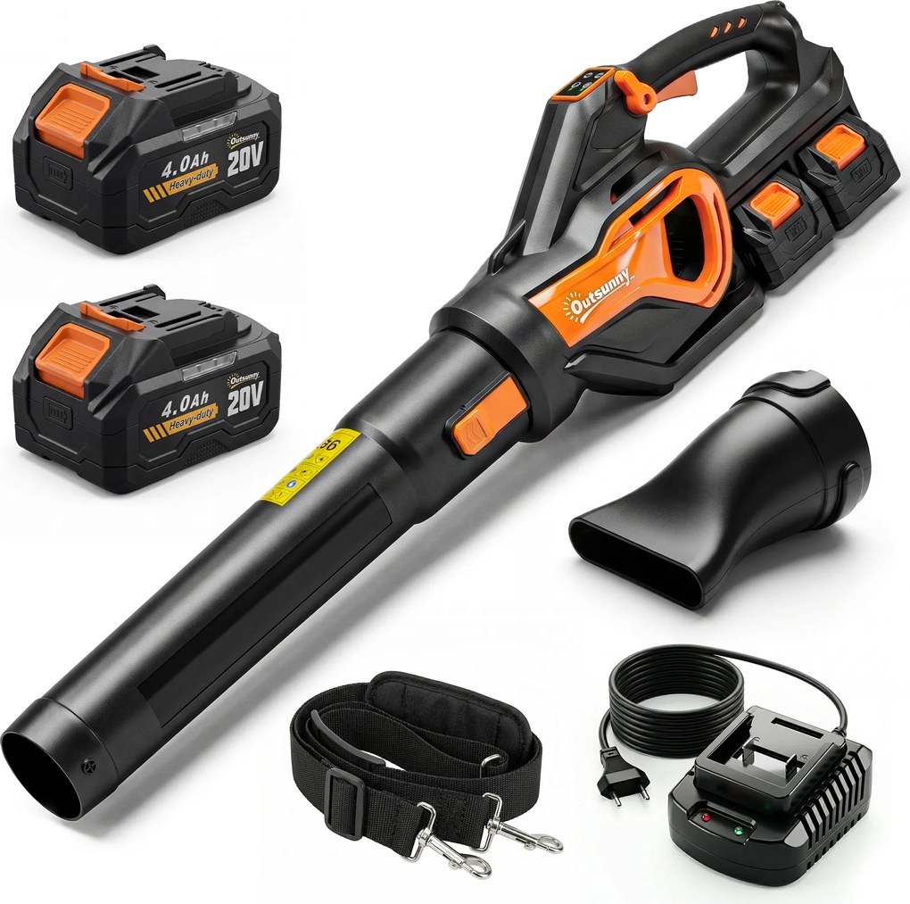 Outsunny Aspirator frunze 20V fără fir Suflantă de frunze cu 2x4.0Ah baterii &amp; încărcător Turbo-Boost viteză suflare 162,7 km/h | Aosom Romania
