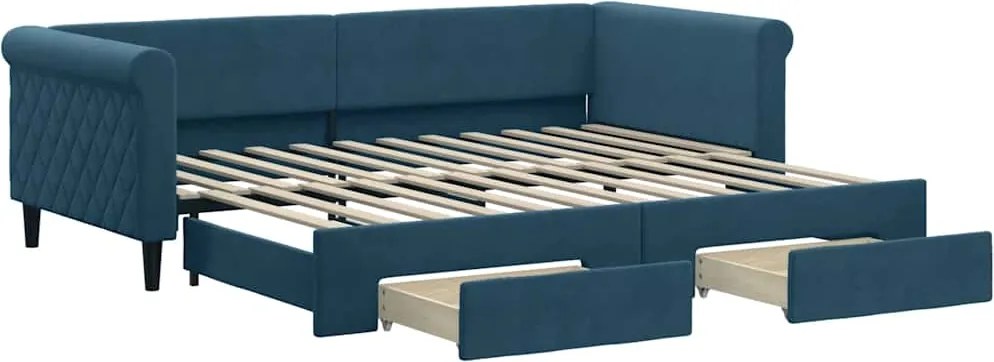vidaXL Pat de zi cu extensie și sertare, albastru, 90x200 cm, catifea