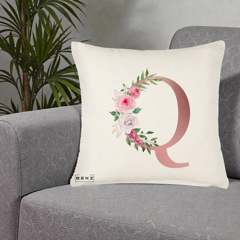 Cadou Personalizat - Perna Personalizata Monograma Rose Gold Litera Q, 40x40 cm, Crem Reliefat, Husa Detasabila, Perna Inclusa, BEKZ®