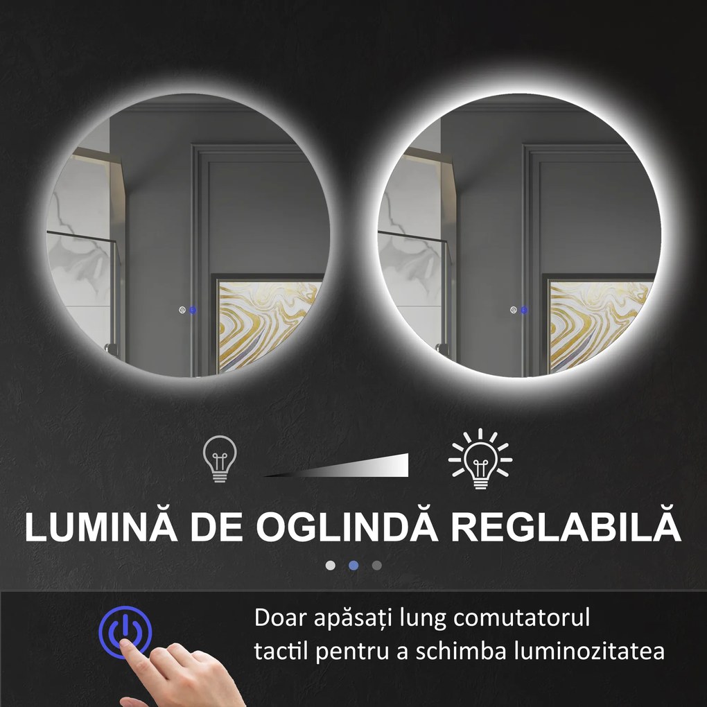 kleankin Oglindă de Baie Rotundă cu Lumină LED în 3 Culori și Întrerupătoare Touch, Ø70x3,5 cm, Transparet | Aosom Romania