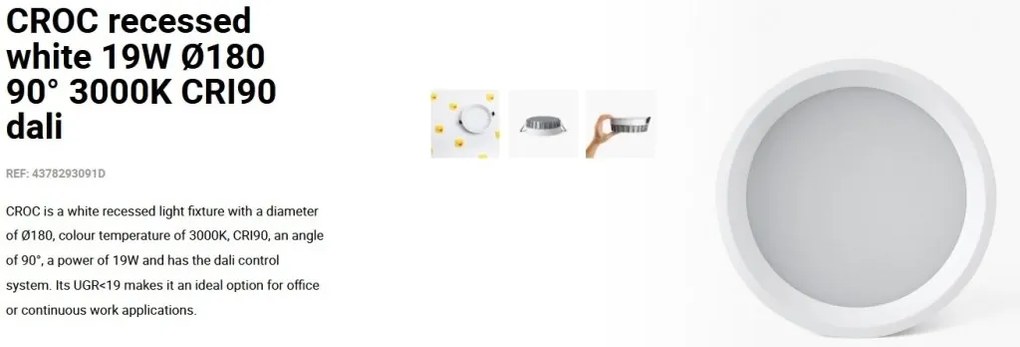 Spot LED incastrabil recessed white 19W 18cm 90 grade 3000K CRI90 dali