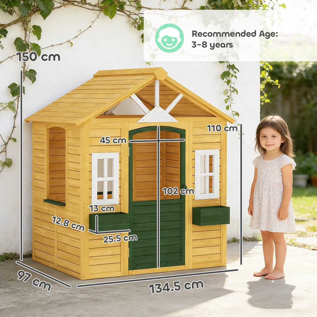 AIYAPLAY Căsuță de joacă din lemn pentru exterior cu ușă 3 ferestre 2 jardiniere pentru copii 3-8 ani 134,5 x 97 x 150 cm Maro | Aosom Romania