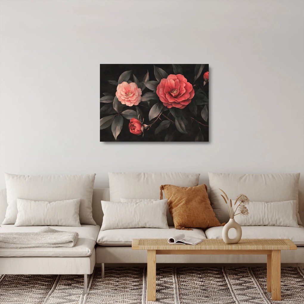 Tablou pe sticlă - Flori roșii pe fundal întunecat (70x50 cm)