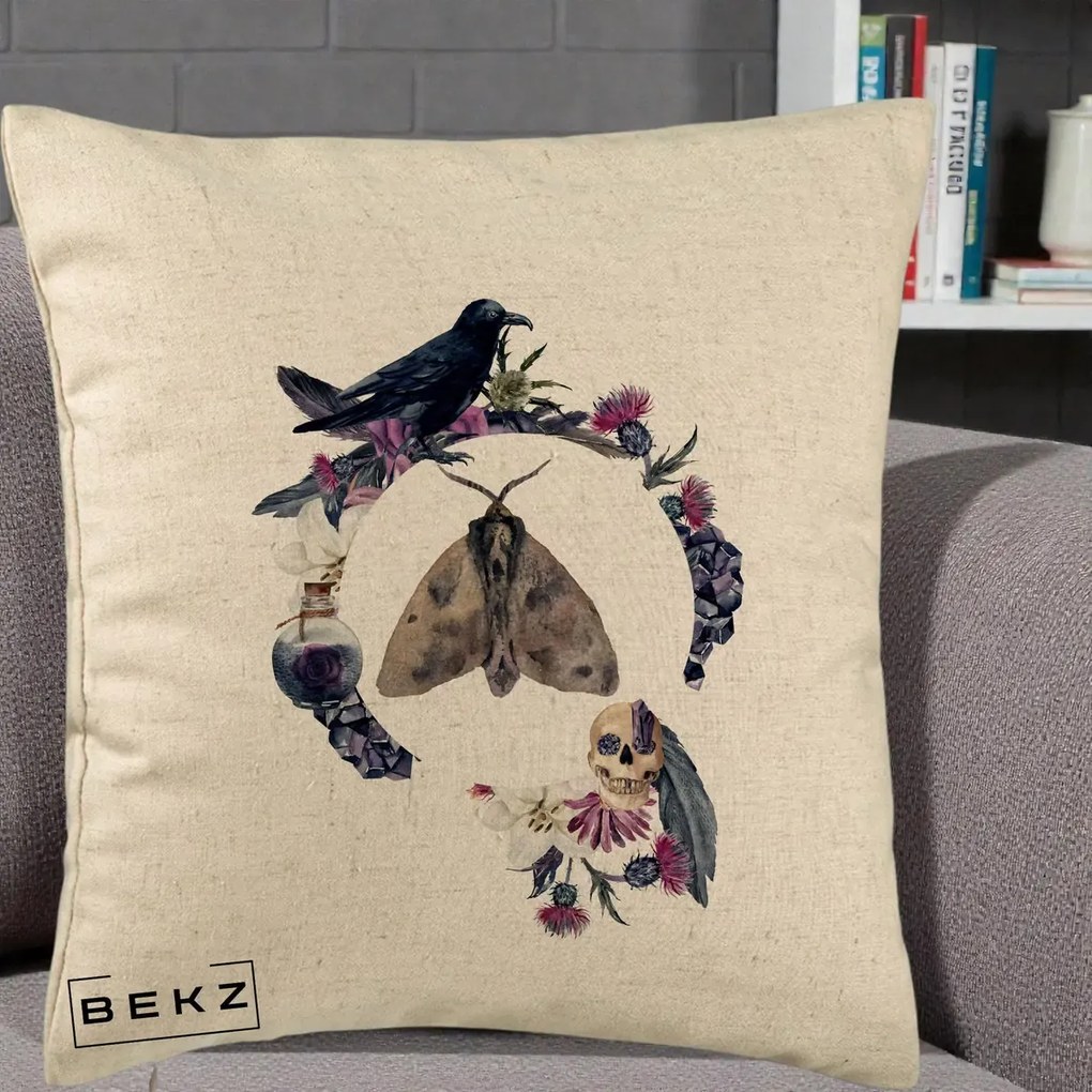 Perna Decorativa Gothic Wreath Corb Moliu Craniu, 40x40 cm, Bej, Husa Detasabila, Perna Inclusa, BEKZ®