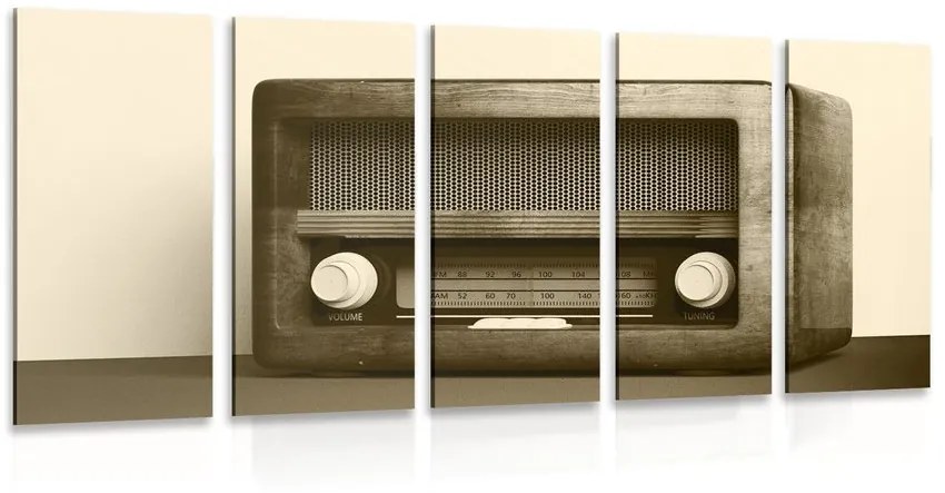 Tablou 5-piese retro radio în design sepia