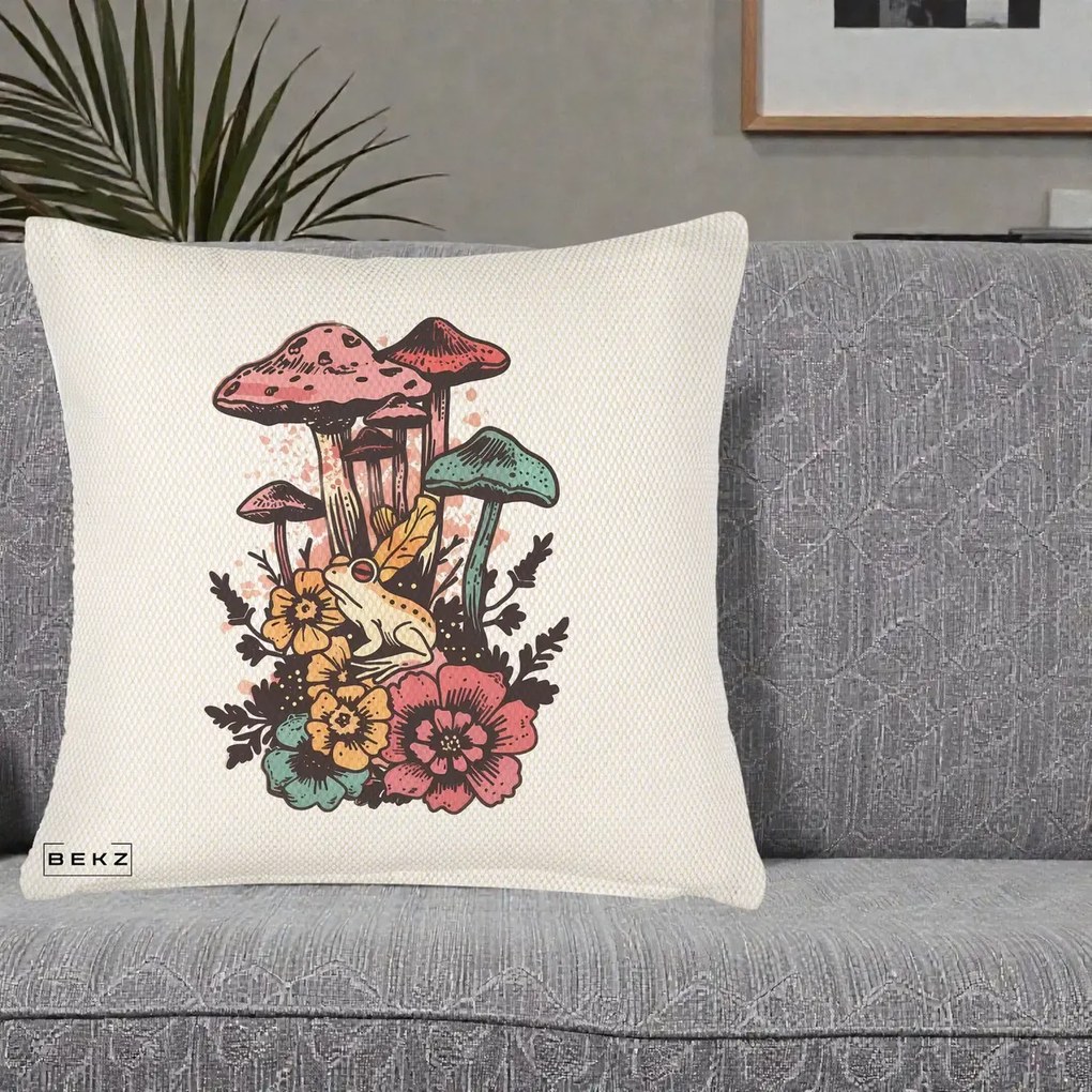 Perna Decorativa Ciuperci si Broaste Boho, 40x40 cm, Crem Reliefat, Husa Detasabila, Perna Inclusa, BEKZ®