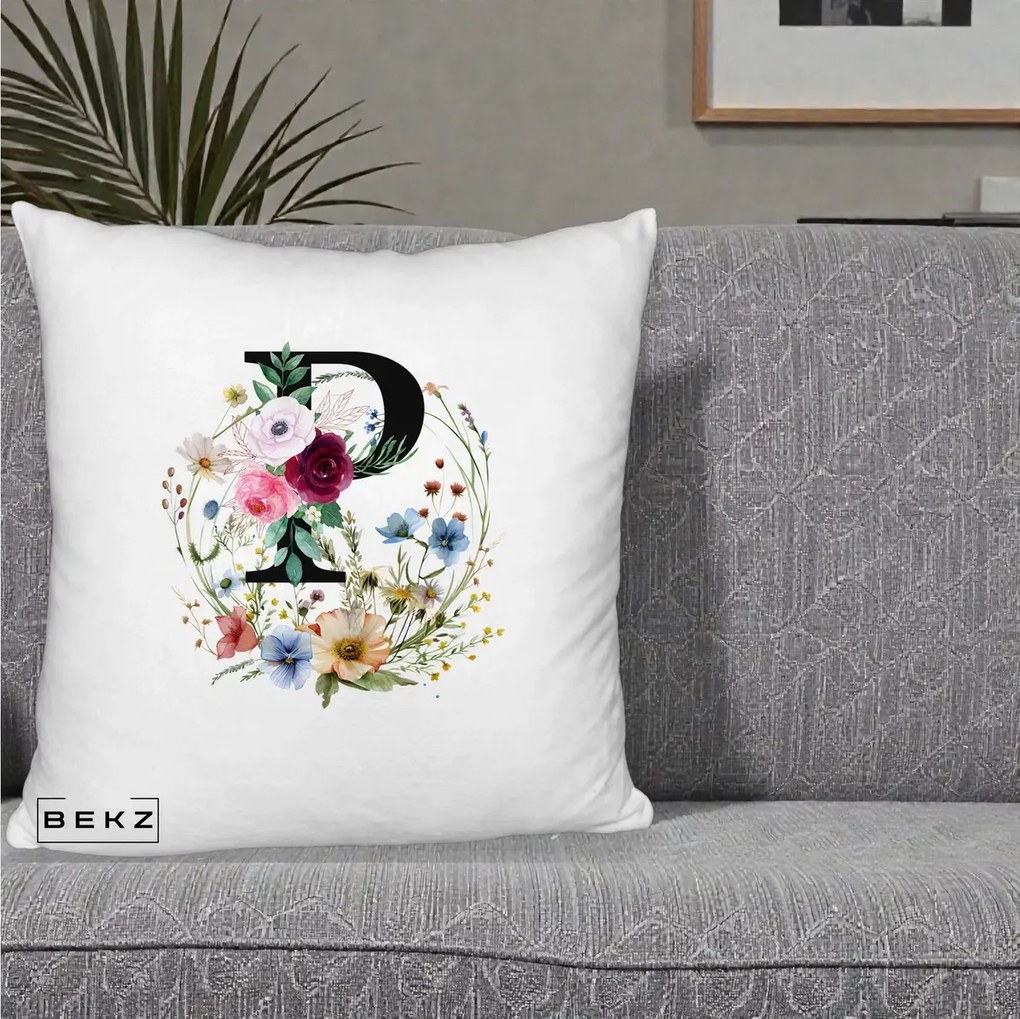 Cadou Personalizat - Perna Personalizata Monogram Litera P cu Flori Acuarela, 40x40 cm, Alb Pufos, Husa Detasabila, Perna Inclusa, BEKZ®