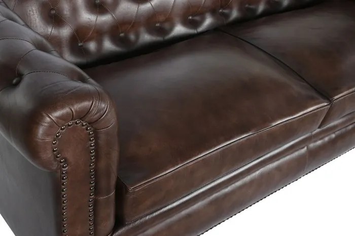 Canapea Chesterfield cu 3 locuri din piele, maro închis, spătar capitonat, brațe rulate și picioare cu rotile, 80 x 190 x 77 cm, „Cannes”