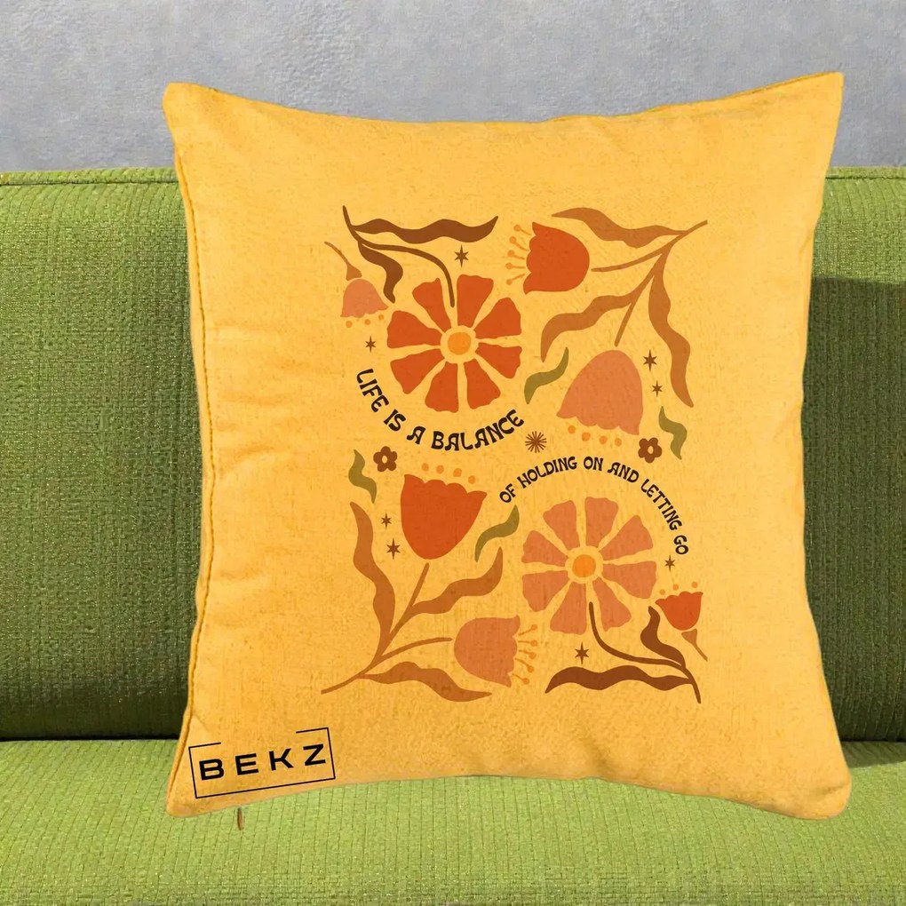 Perna Decorativa Life is a Balance Floral, 40x40 cm, Galben, Husa Detasabila, Perna Inclusa, BEKZ®