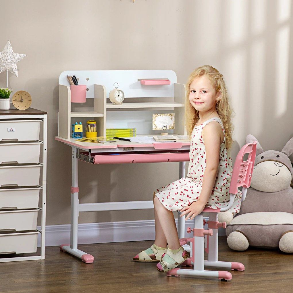 HOMCOM Birou și Scaun pentru Copii cu Vârsta de +3 Ani cu Înălțime Reglabilă și Masă Înclinabilă 80x52x88-109 cm și 35,5x44,5x66-80 cm Roz | Aosom Romania