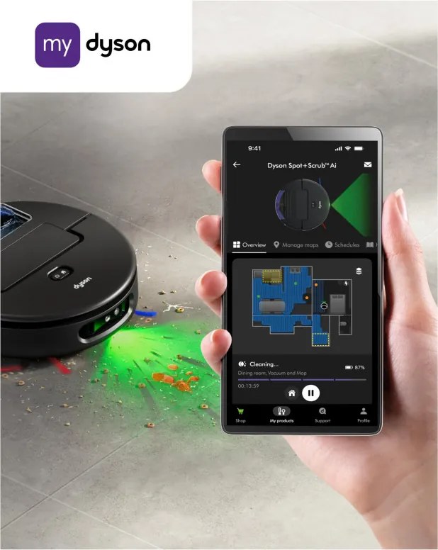 Aspirator robot Dyson Spot+Scrub Ai 586183-01, 18 000 Pa, 3 l, Curatare uscata/umeda, Recunoastere a petelor, Statie de incarcare automata, Negru/Albastru