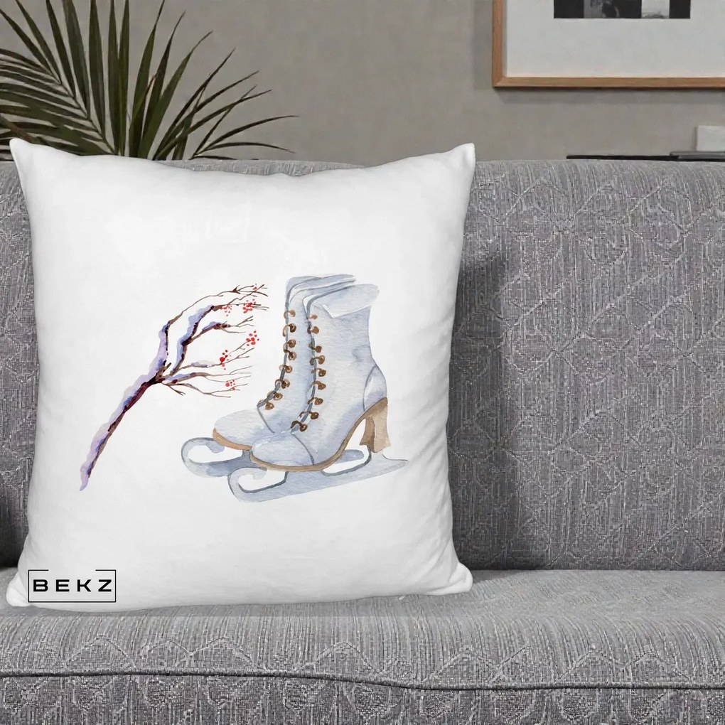 Perna Decorativa Patine cu Ramuri Inzapezite, 40x40 cm, Alb Pufos, Husa Detasabila, Perna Inclusa, BEKZ®