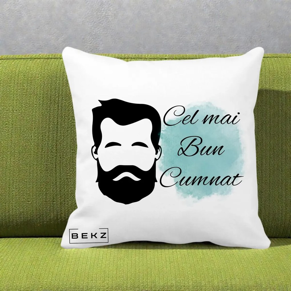Cadou pentru Cumnat - Perna Personalizata Cel mai Bun Cumnat cu Portret Barbat si Pete Teal, 40x40 cm, Alba Mata, Husa Detasabila, Perna Inclusa, BEKZ®