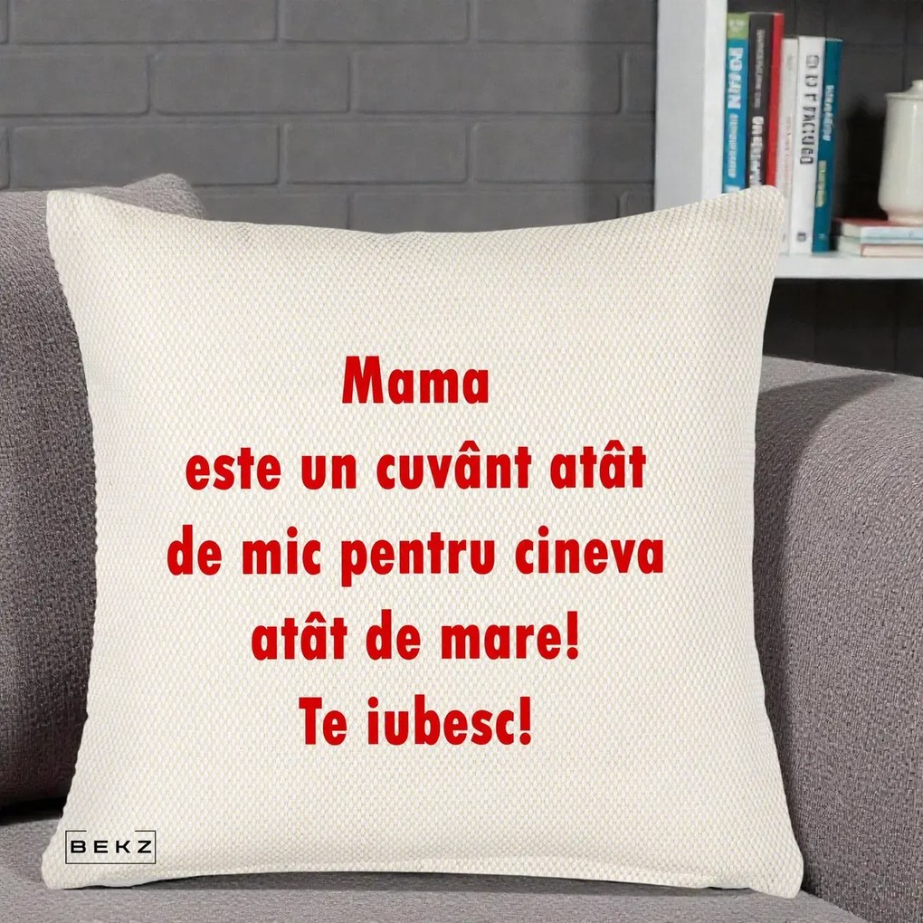 Cadou pentru Mama - Perna Personalizata Mama Cuvant Mic, 40x40 cm, Crem Reliefat, Husa Detasabila, Perna Inclusa, BEKZ®