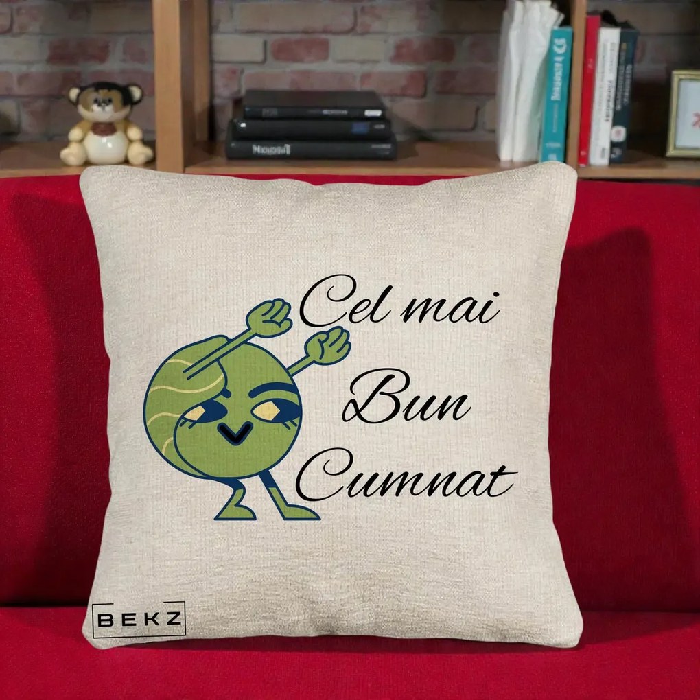 Cadou pentru Cumnat - Perna Personalizata Cel mai Bun Cumnat cu Personaj Funny Verde, 40x40 cm, Bej Canapea, Husa Detasabila, Perna Inclusa, BEKZ®
