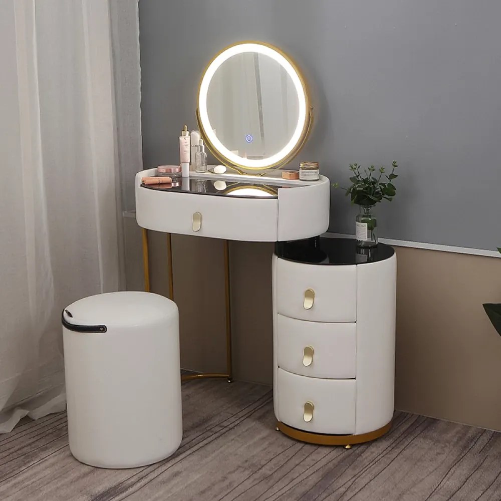 Set RACHEL – Masă de Toaletă pentru Machiaj, Oglindă Iluminată Bandă LED, Control Touch, 4 sertare, Taburet, Alb