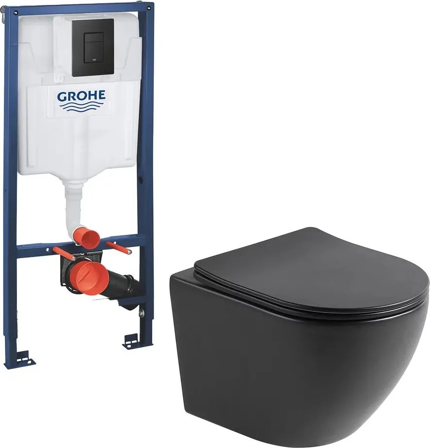 Pachet vas wc negru mat Rune Ivaldi, capac slim softclose si rezervor Grohe Solido 3 in 1 cu clapeta neagra Even