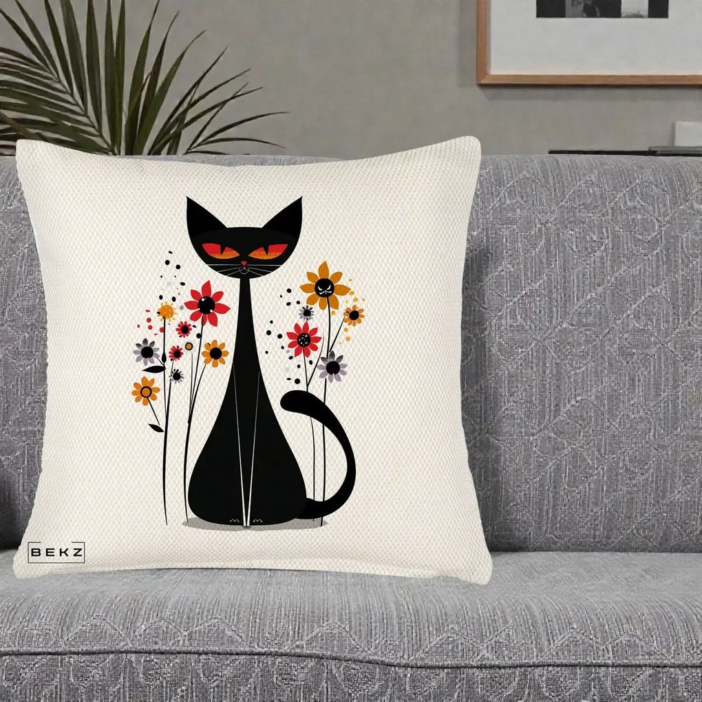 Perna Decorativa Pisica Neagra Ochi Rosii Flori, 40x40 cm, Crem Reliefat, Husa Detasabila, Perna Inclusa, BEKZ®