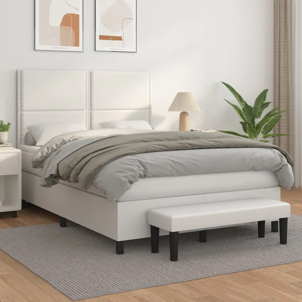 3137600 vidaXL Pat box spring cu saltea, alb, 140x190 cm, piele ecologică