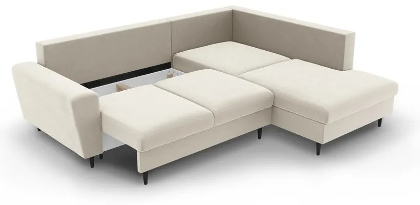 Colțar bej extensibil, cu spațiu de depozitare cu tapițerie din catifea (cu colț pe partea dreaptă-în formă de ”L”) Kyoto – Cosmopolitan Design