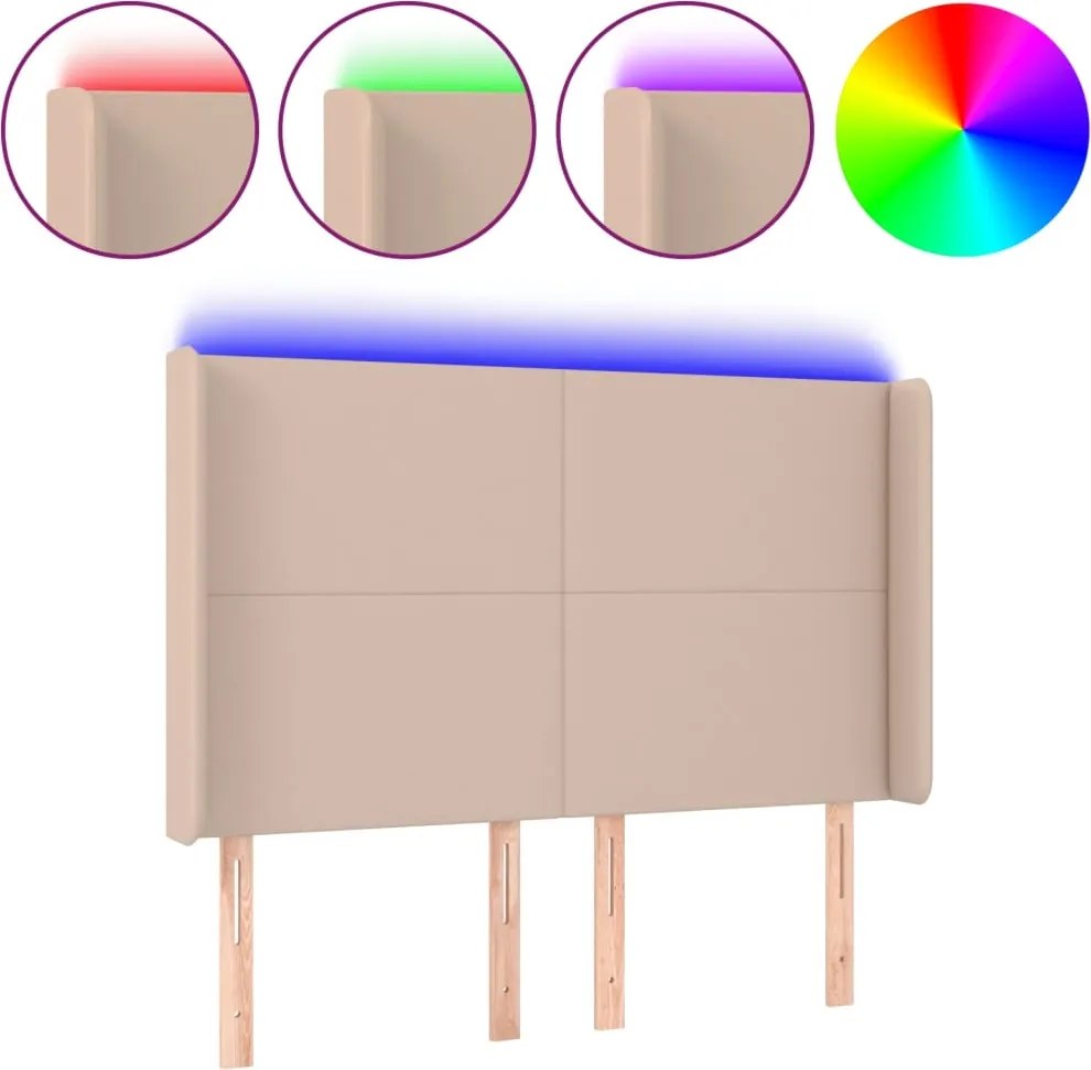 vidaXL Tăblie de pat cu LED, cappuccino, 147x16x118/128 cm, piele eco