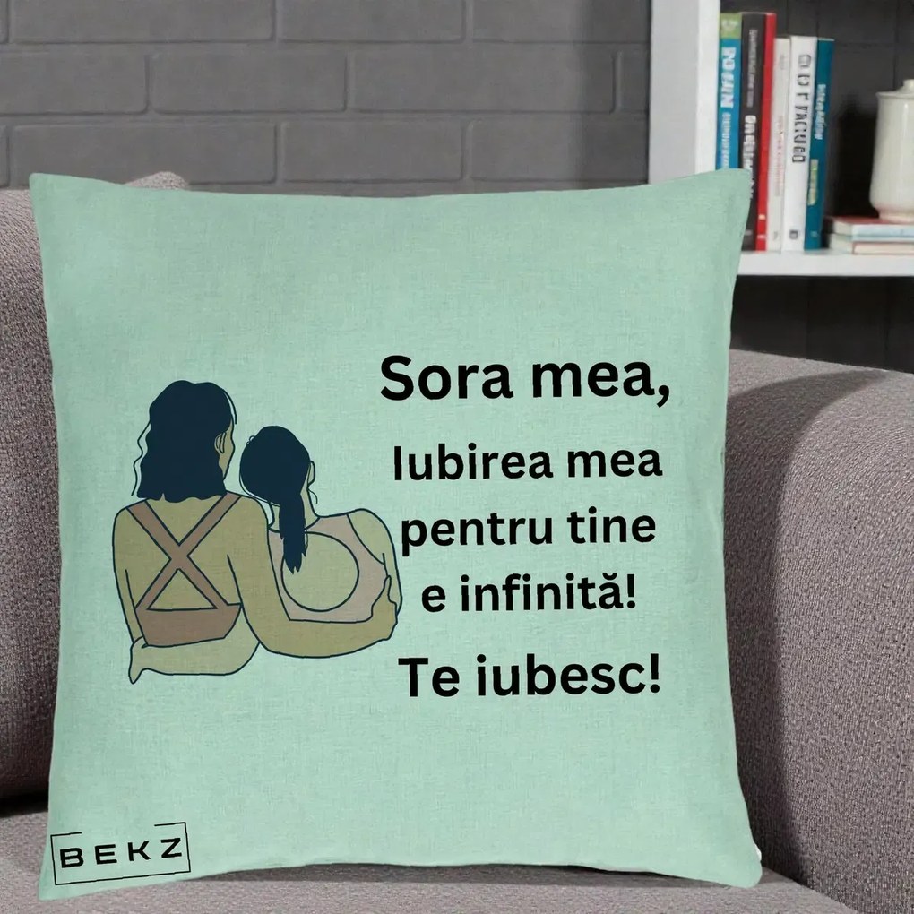 Cadou pentru Sora - Perna Personalizata Sora Mea Te Iubesc Doua Fete Fashioniste Line Art, 40x40 cm, Verde Menta, Husa Detasabila, Perna Inclusa, BEKZ®