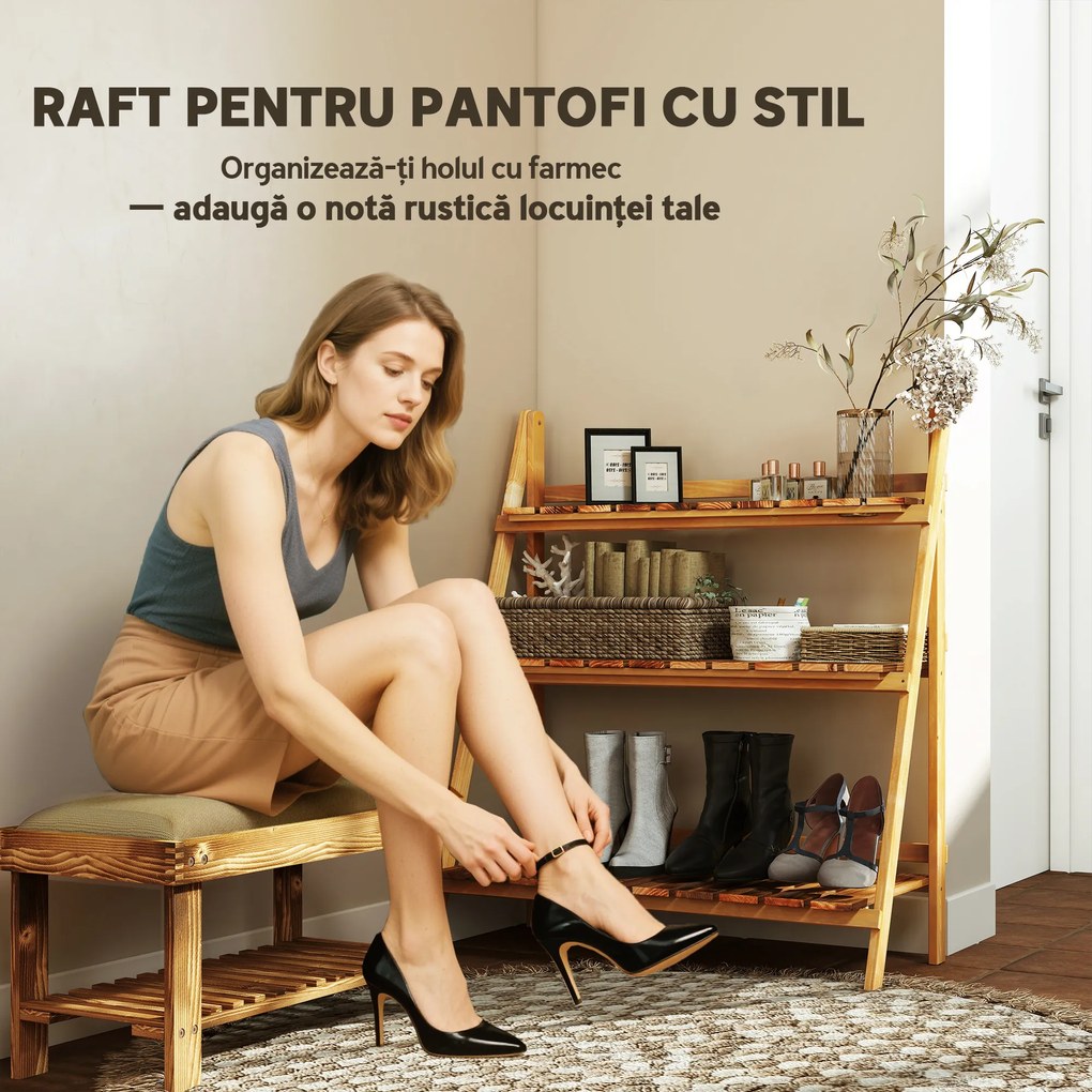 Outsunny Suport pentru Plante Pliabil, Jardinieră cu 3 Niveluri, Raft de Exterior pentru Plante, 80x37x93 cm, Lemn Natural | Aosom Romania