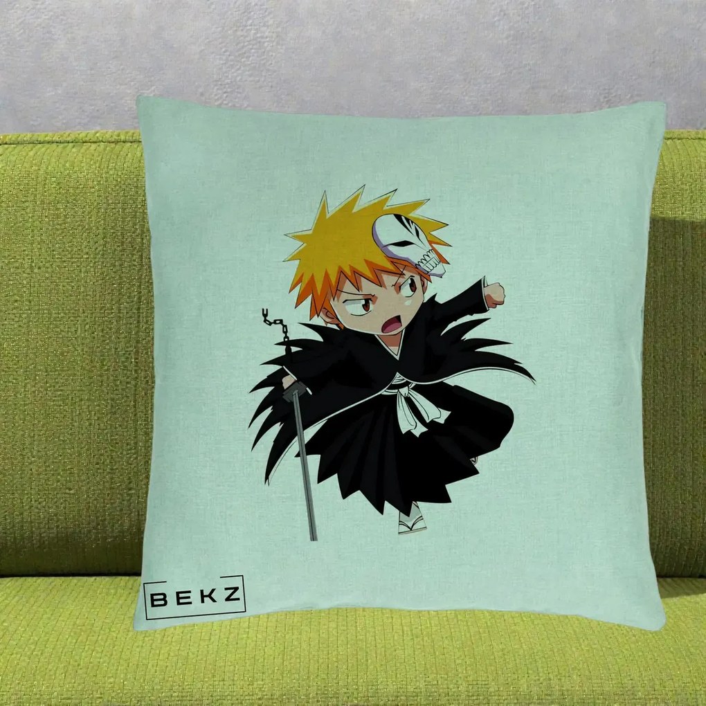 Perna Personalizata Bleach Ichigo Chibi cu Masca, 40x40 cm, Verde Menta, Husa Detasabila, Perna Inclusa, BEKZ®