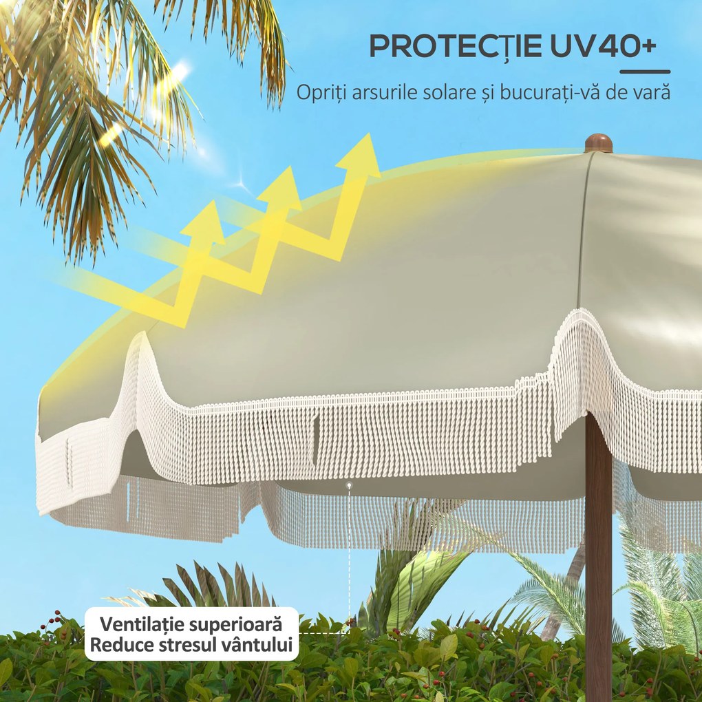 Outsunny Umbrelă de Plajă Portabilă cu Volane în Aer Liber cu Baldachin Ventilat, Geantă de Transport, Ø1.9x2.1 m, Alb-Crem | Aosom Romania