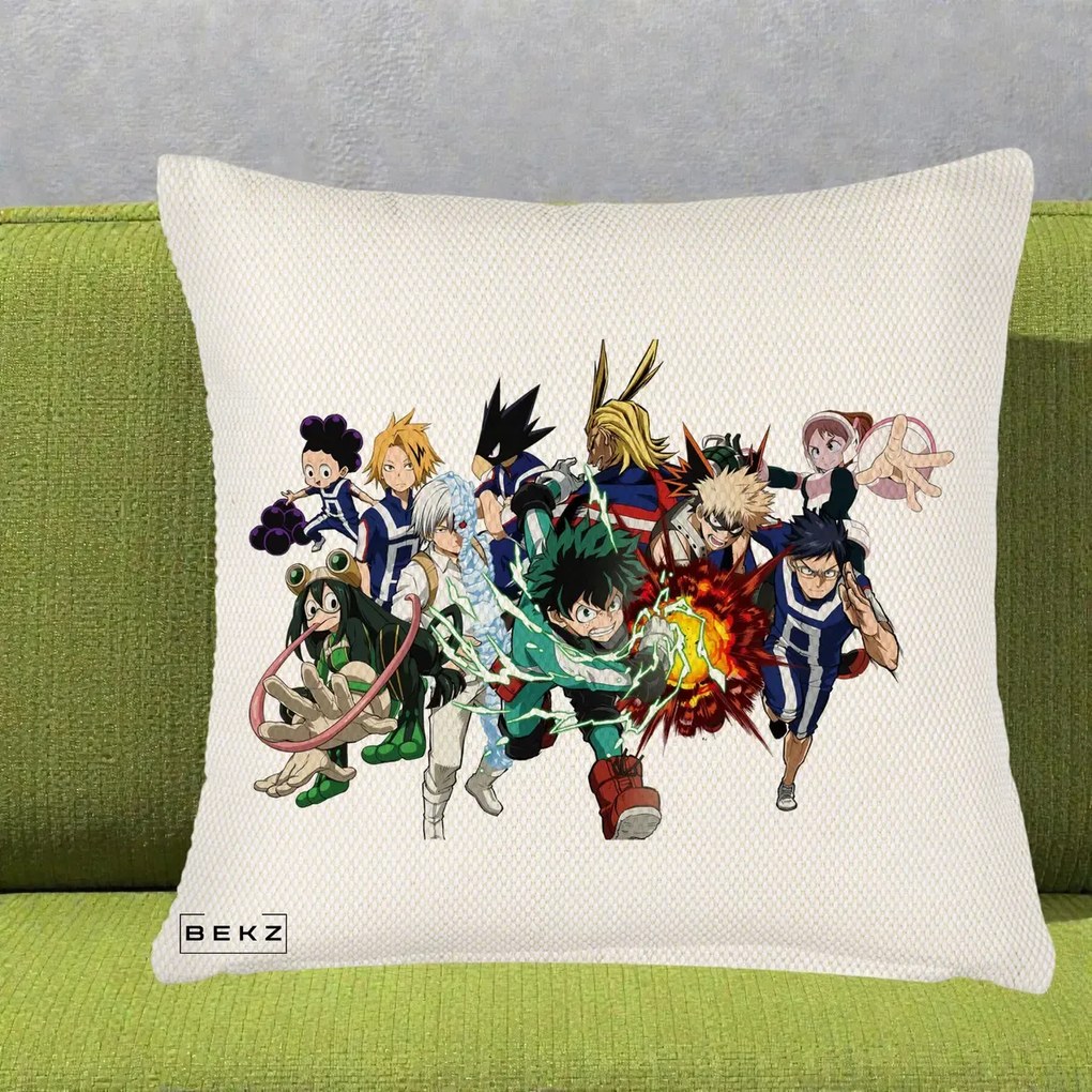Perna Personalizata My Hero Academia Clasa 1-A Complet, 40x40 cm, Crem Reliefat, Husa Detasabila, Perna Inclusa, BEKZ®