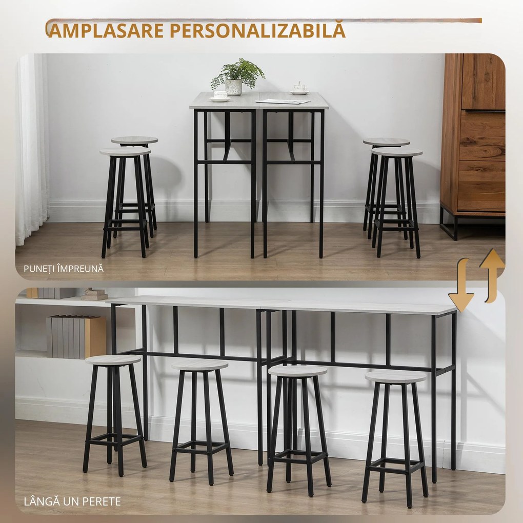 HOMCOM Set Bar Modern cu 4 Scaune și 2 Mese Înalte, PAL și Oțel, Gri, Ideal pentru Living sau Bucătărie | Aosom Romania