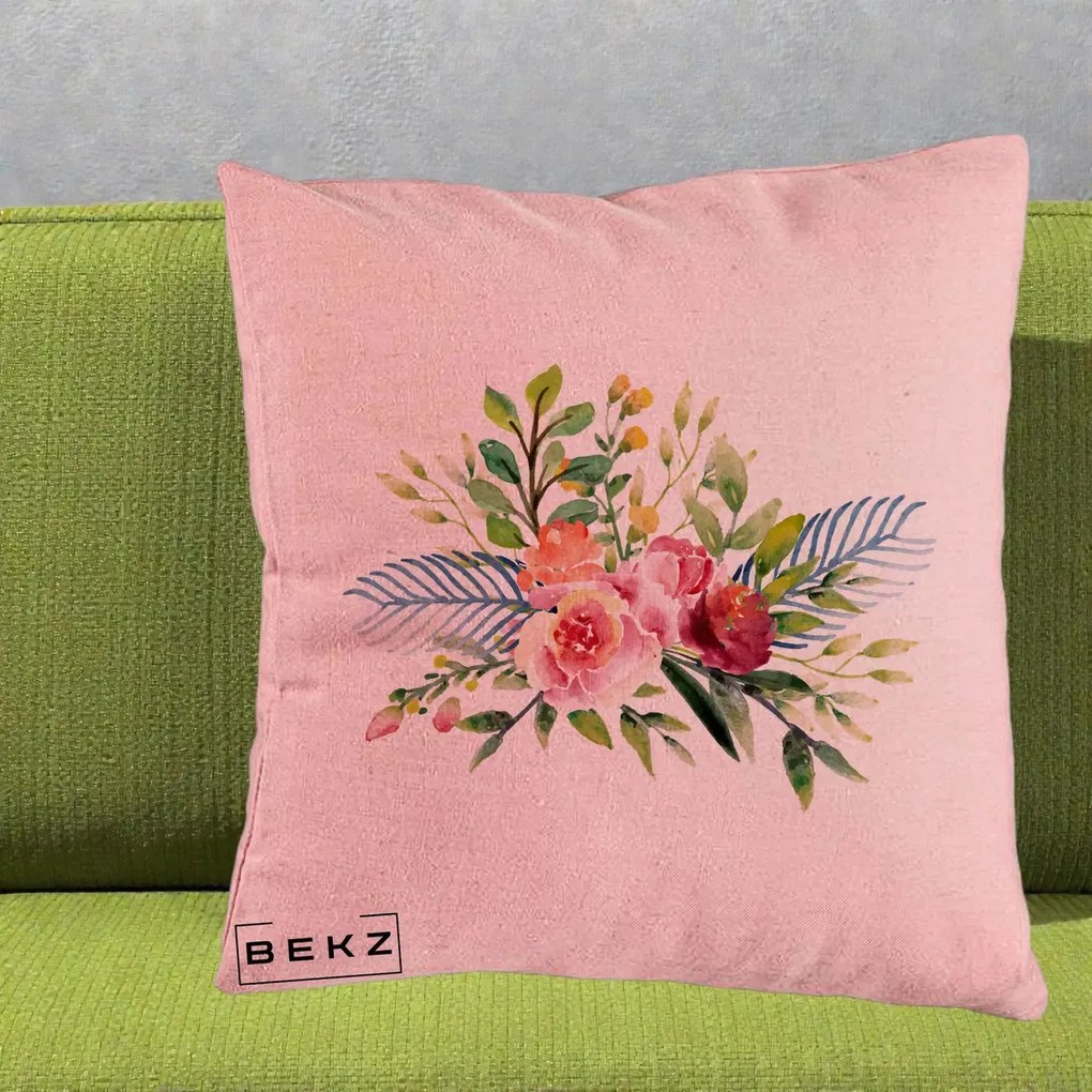 Perna Decorativa Buchet Flori Acuarela Roz-Verde, 40x40 cm, Roz, Husa Detasabila, Perna Inclusa, BEKZ®