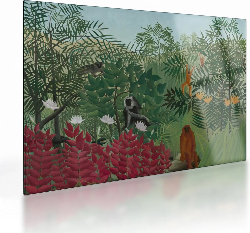 Tablou pe sticlă - Henri Rousseau, Tropical Forest with Monkeys, reproducere (70x50 cm)