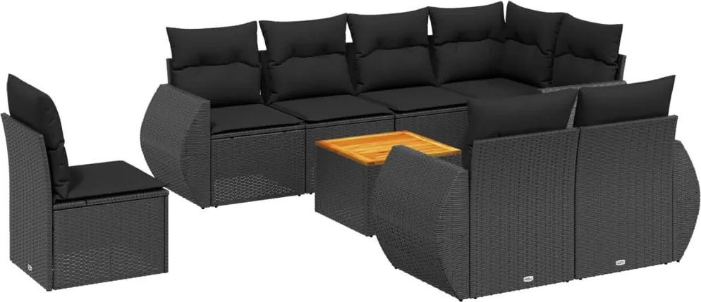 vidaXL Set mobilier de grădină cu perne, 9 piese, negru, poliratan