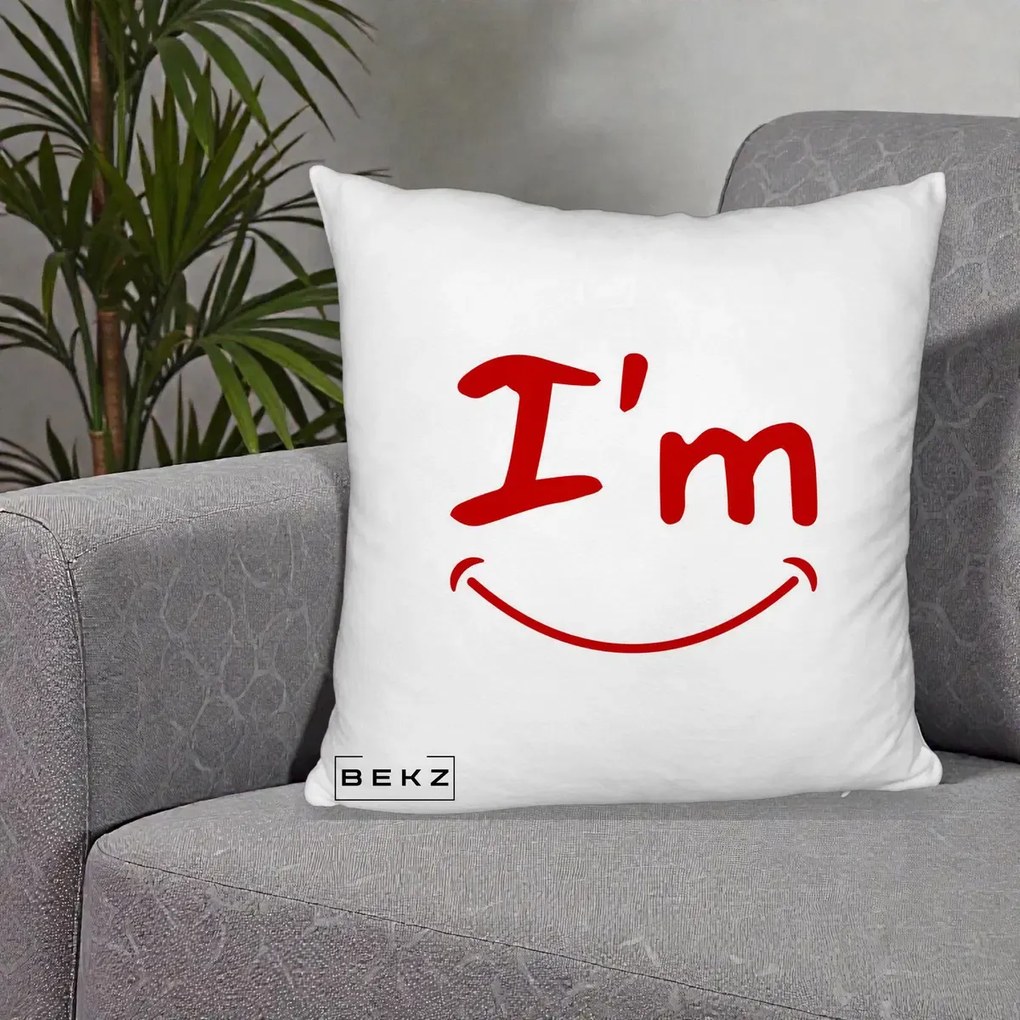 Perna Decorativa I'm Happy Smile, 40x40 cm, Alb Pufos, Husa Detasabila, Perna Inclusa, BEKZ®
