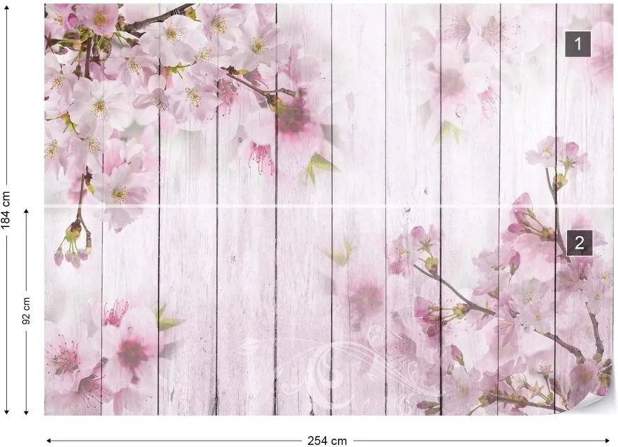 GLIX Fototapet - Vintage Chic Cherry Blossom Flowers Wood Planks Pink Vliesová tapeta  - 254x184 cm