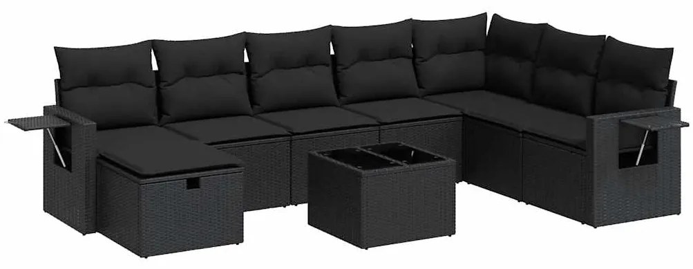 3325541 vidaXL Set mobilier de grădină cu perne, 9 piese, negru, poliratan