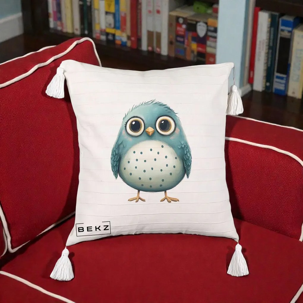 Perna Decorativa Pasare Teal cu Buline Teal, 40x40 cm, Bej cu Franjuri, Husa Detasabila, Perna Inclusa, BEKZ®