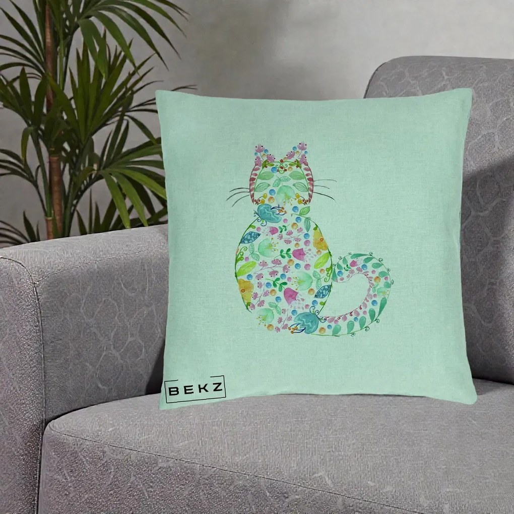 Perna Decorativa Pisica Florala Acuarela, 40x40 cm, Verde Menta, Husa Detasabila, Perna Inclusa, BEKZ®