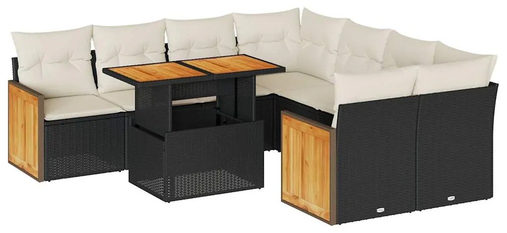 3327689 vidaXL Set mobilier grădină perne 9 piese negru poliratan/lemn acacia