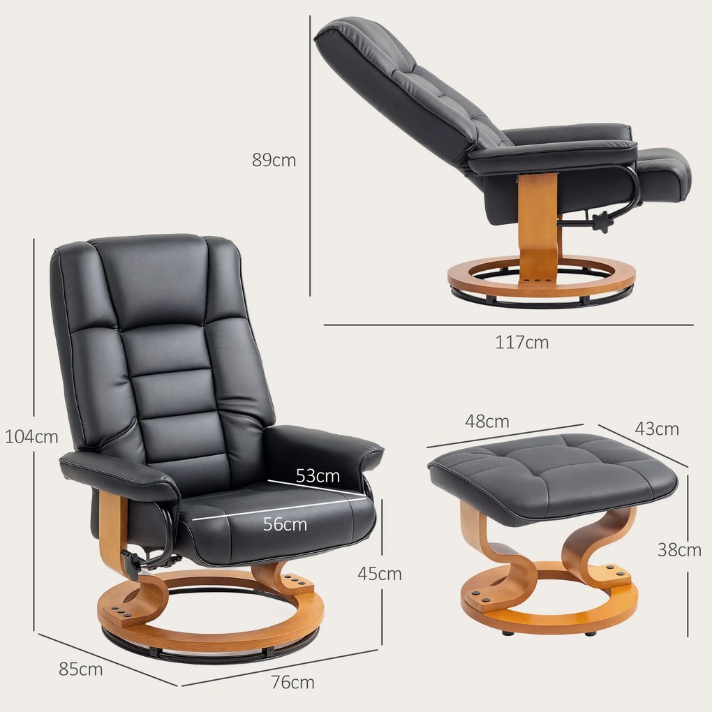 HOMCOM Fotoliu de relaxare inclinabil cu suport pentru picioare, pivotant, cadru din lemn, material sintetic negru | Aosom Romania